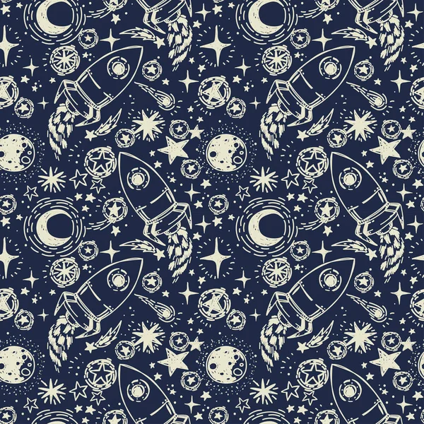 Motif sans couture avec des étoiles de style croquis, des fusées, des comètes et des planètes — Image vectorielle