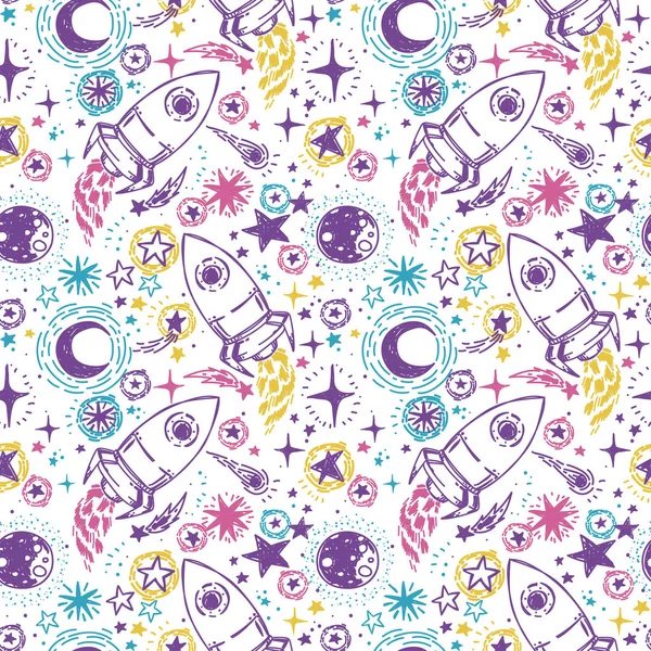seamless pattern with sketch style stars, rockets, comets and planets