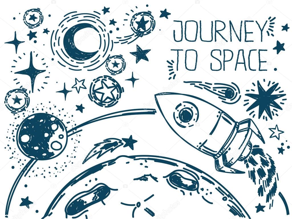 banner with sketch stars, rocket, comets and planets