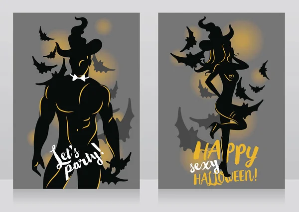 Bannières pour fête d'Halloween adulte avec homme et femme sexy en chapeau de sorcière et silhouettes de chauve-souris — Image vectorielle