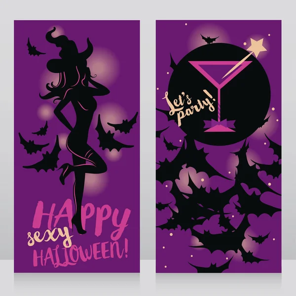 Pancartas para fiesta de halloween adulto con mujer sexy en sombrero de bruja y cóctel de glamour — Vector de stock