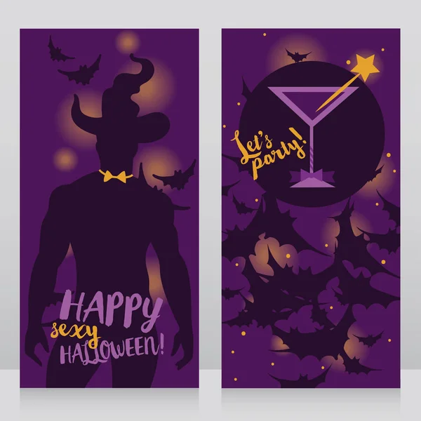 Pancartas para fiesta de halloween para adultos con hombre sexy en sombrero de bruja y cóctel de glamour — Vector de stock