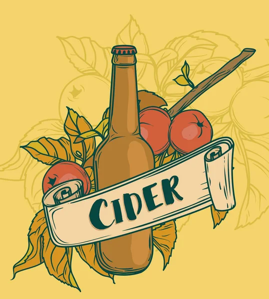 Poster voor cider seizoen met mooie tak van appelboom en fles cider — Stockvector