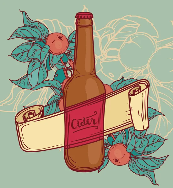 Carta promozionale per la stagione sidro con bel ramo di melo e bottiglia di sidro — Vettoriale Stock