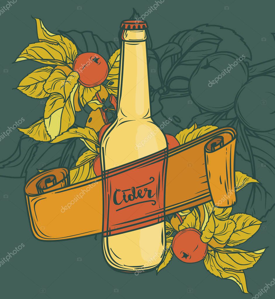 Promo card for cider season with beautiful branch of apple tree and bottle of cider, retro style, can be used as party invitation vector illustration