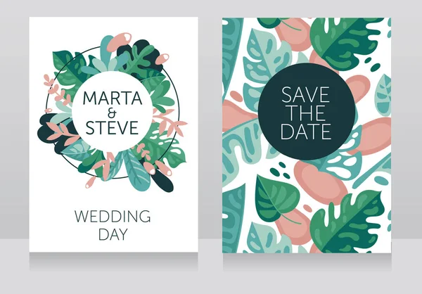 Dos banderas de boda con marco formado hojas tropicales — Archivo Imágenes Vectoriales