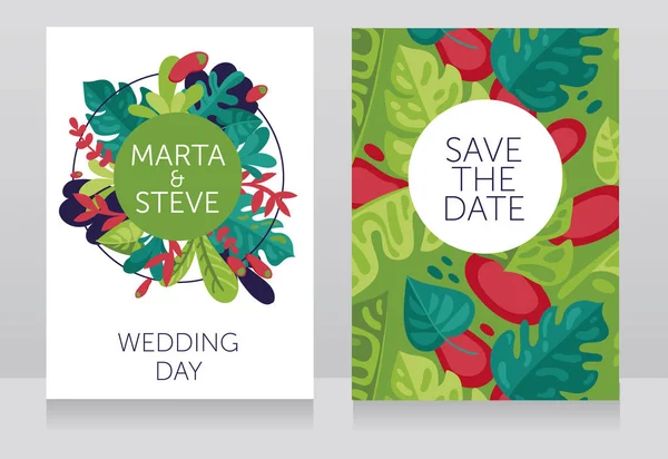 Dos banderas de boda con marco formado hojas tropicales — Archivo Imágenes Vectoriales