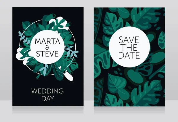 Dois banners de casamento com moldura formada folhas tropicais — Vetor de Stock