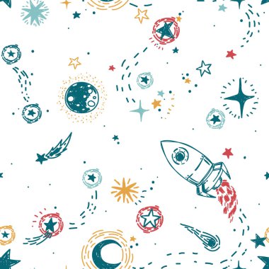 seamless modeli ile uzaya yolculuk için kroki yıldız, roka, kuyruklu yıldızlar ve gezegenler