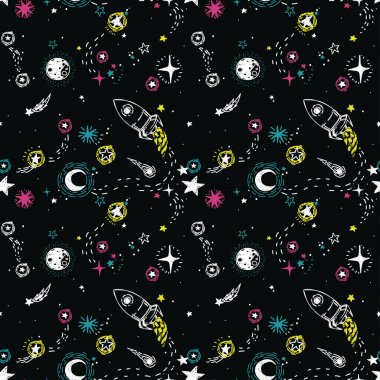 seamless modeli ile uzaya yolculuk için kroki yıldız, roka, kuyruklu yıldızlar ve gezegenler