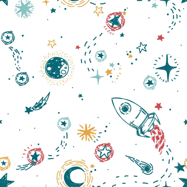 Seamless pattern for journey to space with sketch stars, rocket, comets and planets — Stock Vector