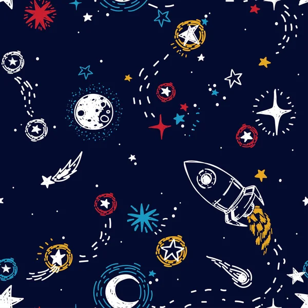Seamless pattern for journey to space with sketch stars, rocket, comets and planets — Stock Vector