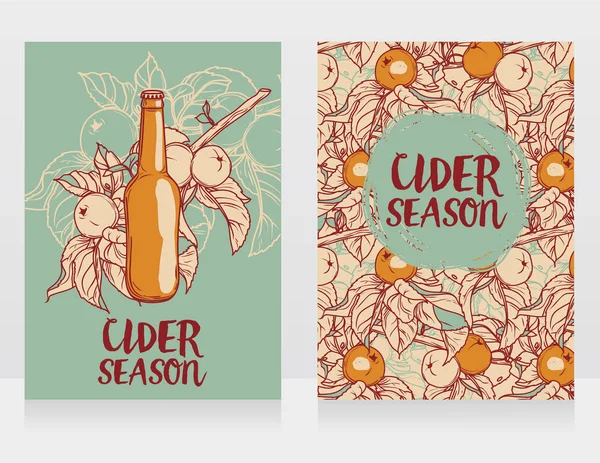 Deux cartes pour la saison du cidre avec belle branche de pommier et bouteille de cidre — Image vectorielle