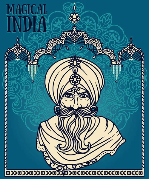 Retrato de hombre indio en turbante y arco indio tradicional — Vector de stock