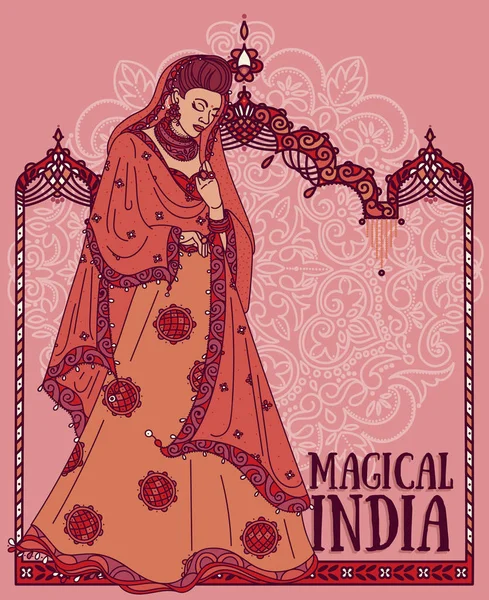 Hermosa mujer india en saree tradicional y arco indio tradicional — Archivo Imágenes Vectoriales