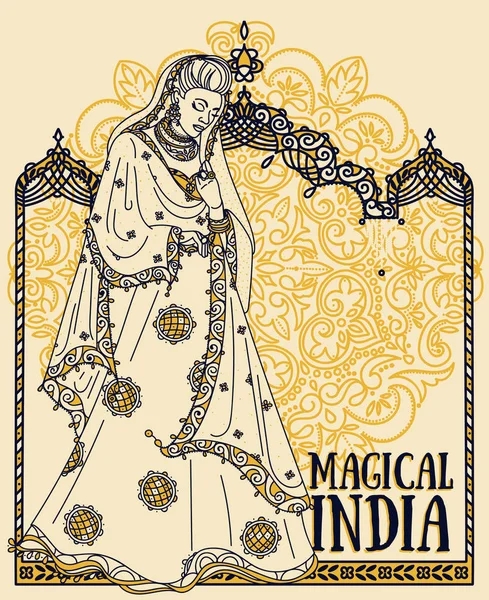 Prachtige Indiase vrouw in traditionele saree en traditionele Indiase arch — Stockvector
