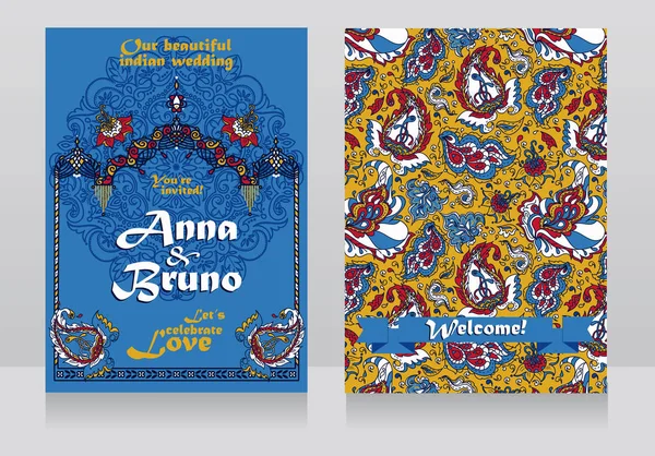 两张海报的美丽的印度婚礼传统弓和佩斯利装饰 — 图库矢量图片