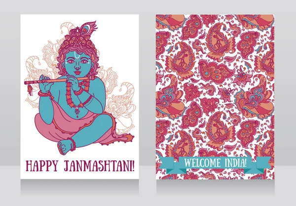 Trochę Krishna z flet na kartki z życzeniami dla szczęśliwy janmashtami — Wektor stockowy