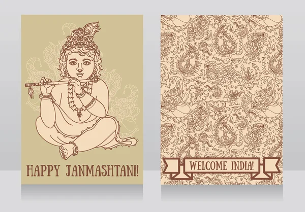 Pequeño Krishna con la flauta en las tarjetas de felicitación para el feliz janmashtami — Archivo Imágenes Vectoriales