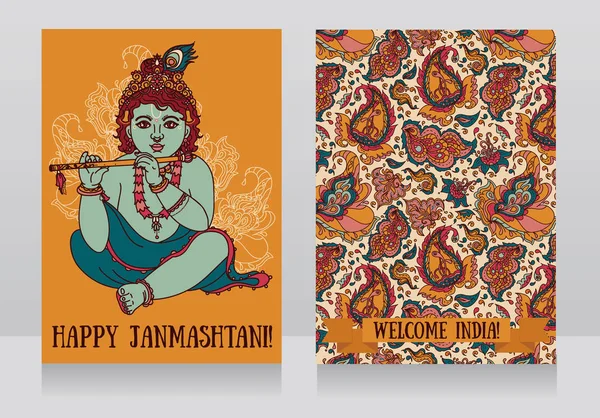 Kleine Krishna mit der Flöte auf den Grußkarten für fröhliche janmashtami — Stockvektor