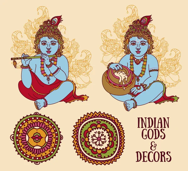 Kleine Krishna und ethnische Ornamente — Stockvektor