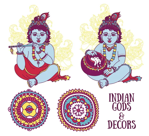 Pequeño Krishna y ornamentos étnicos — Vector de stock