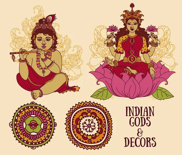 Kleine Krishna, Lakshmi und ethnische Ornamente — Stockvektor