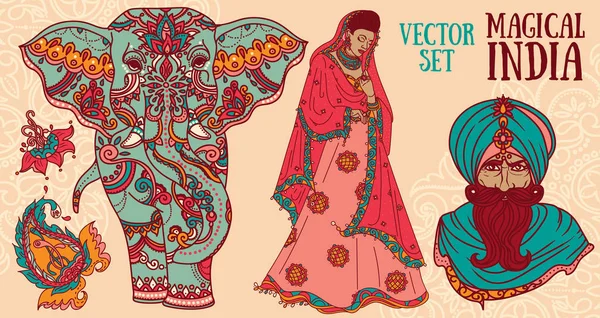 Conjunto de ilustraciones vectoriales para viajar a la India — Archivo Imágenes Vectoriales