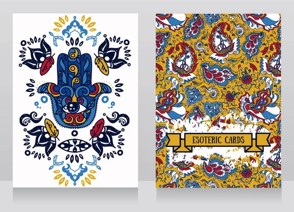 Zwei Karten mit Hamsa-Symbol und indischen Ornamenten — Stockvektor