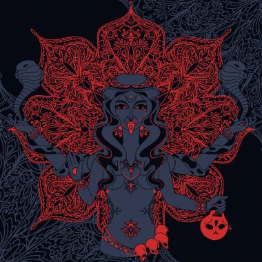 Hint Tanrıça Kali geleneksel mandala üzerinde iki yılan ile yuvarlak desen