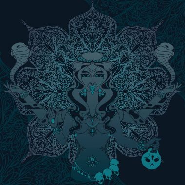 Hint Tanrıça Kali geleneksel mandala üzerinde iki yılan ile yuvarlak desen