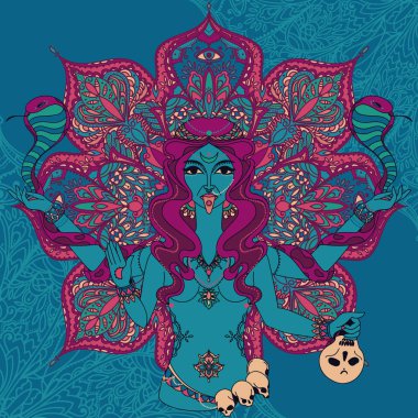 Hint Tanrıça Kali geleneksel mandala üzerinde iki yılan ile yuvarlak desen