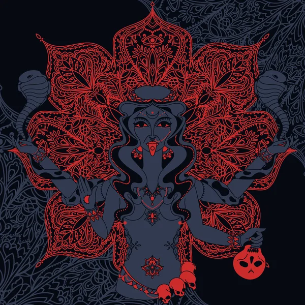 Hint Tanrıça Kali geleneksel mandala üzerinde iki yılan ile yuvarlak desen