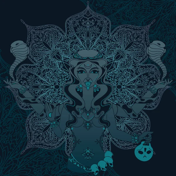 Hint Tanrıça Kali geleneksel mandala üzerinde iki yılan ile yuvarlak desen