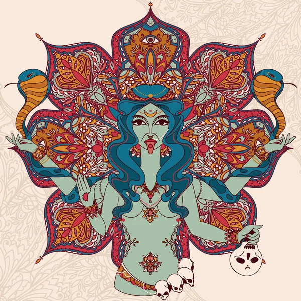 Hint Tanrıça Kali geleneksel mandala üzerinde iki yılan ile yuvarlak desen