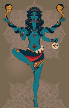 Dancing indian goddess Kali with two snakes and traditional mandala round pattern