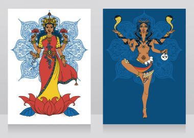 two cards with indian goddess Lakshmi and Kali and mandala round ornament clipart