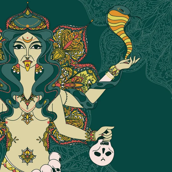 Indische Göttin Kali mit Schlange, Totenkopf und Mandala Rundornament — Stockvektor