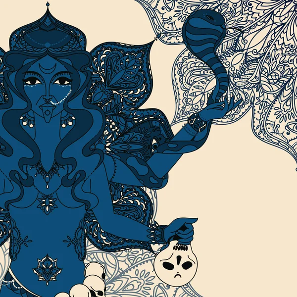 Diosa india Kali con serpiente, cráneo y mandala ornamento redondo — Vector de stock