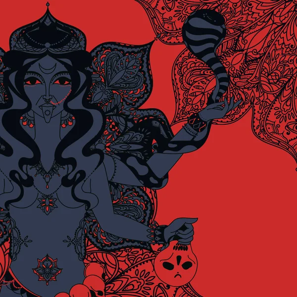 Индийская богиня Кали со змеей, черепом и мандаловым круглым орнаментом — стоковый вектор
