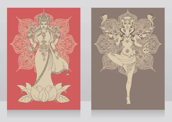 Zwei Karten mit indischer Göttin lakshmi und Kali und Mandala rundem Ornament — Stockvektor