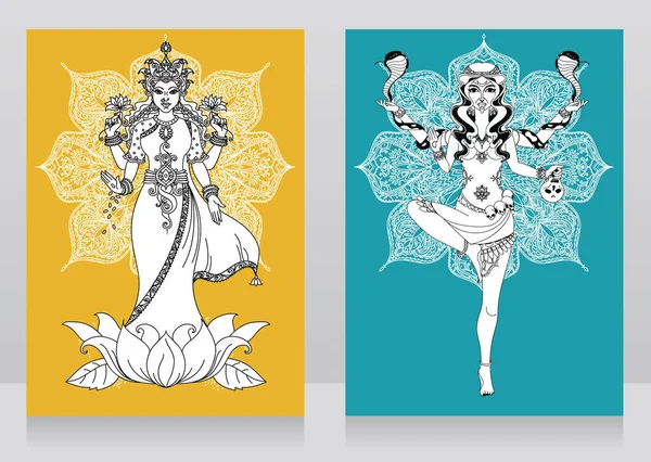 Dos cartas con la diosa india Lakshmi y Kali y adorno redondo mandala — Vector de stock