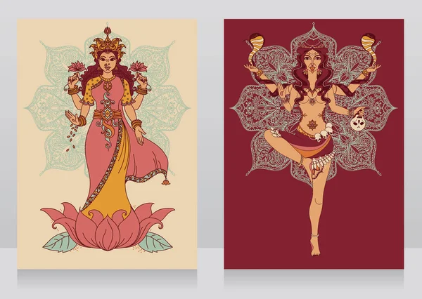 Due carte con dea indiana Lakshmi e Kali e mandala ornamento rotondo — Vettoriale Stock