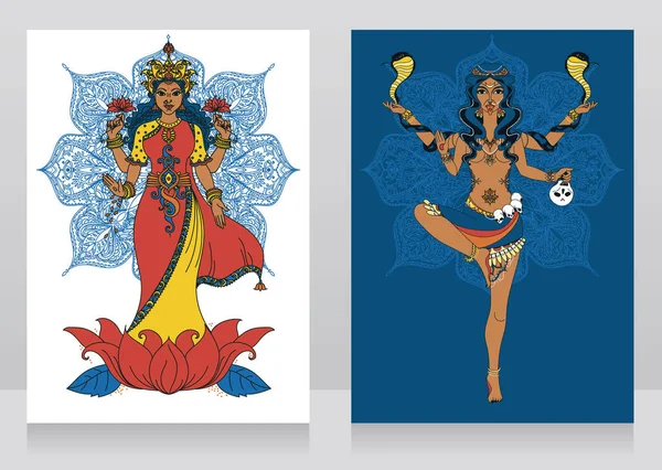 Duas cartas com a deusa indiana Lakshmi e Kali e mandala ornamento redondo — Vetor de Stock