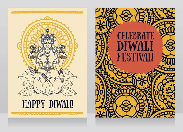 Cartes de vœux pour le festival diwali avec la déesse indienne Lakshmi — Image vectorielle
