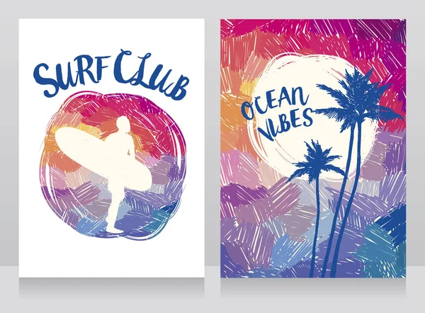 Δύο πανό για surf club με σιλουέτα του άνδρα με μια σανίδα του surf και τις παλάμες — Διανυσματικό Αρχείο