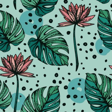 Lotus çiçekleri, monstera leves ve el ile Seamless Modeli nokta çizilmiş
