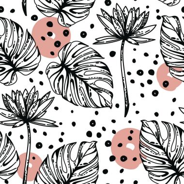 Lotus çiçekleri, monstera leves ve el ile Seamless Modeli nokta çizilmiş