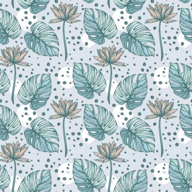 Lotus çiçekleri, monstera leves ve el ile Seamless Modeli nokta çizilmiş