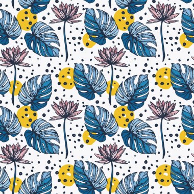 Lotus çiçekleri, monstera leves ve el ile Seamless Modeli nokta çizilmiş